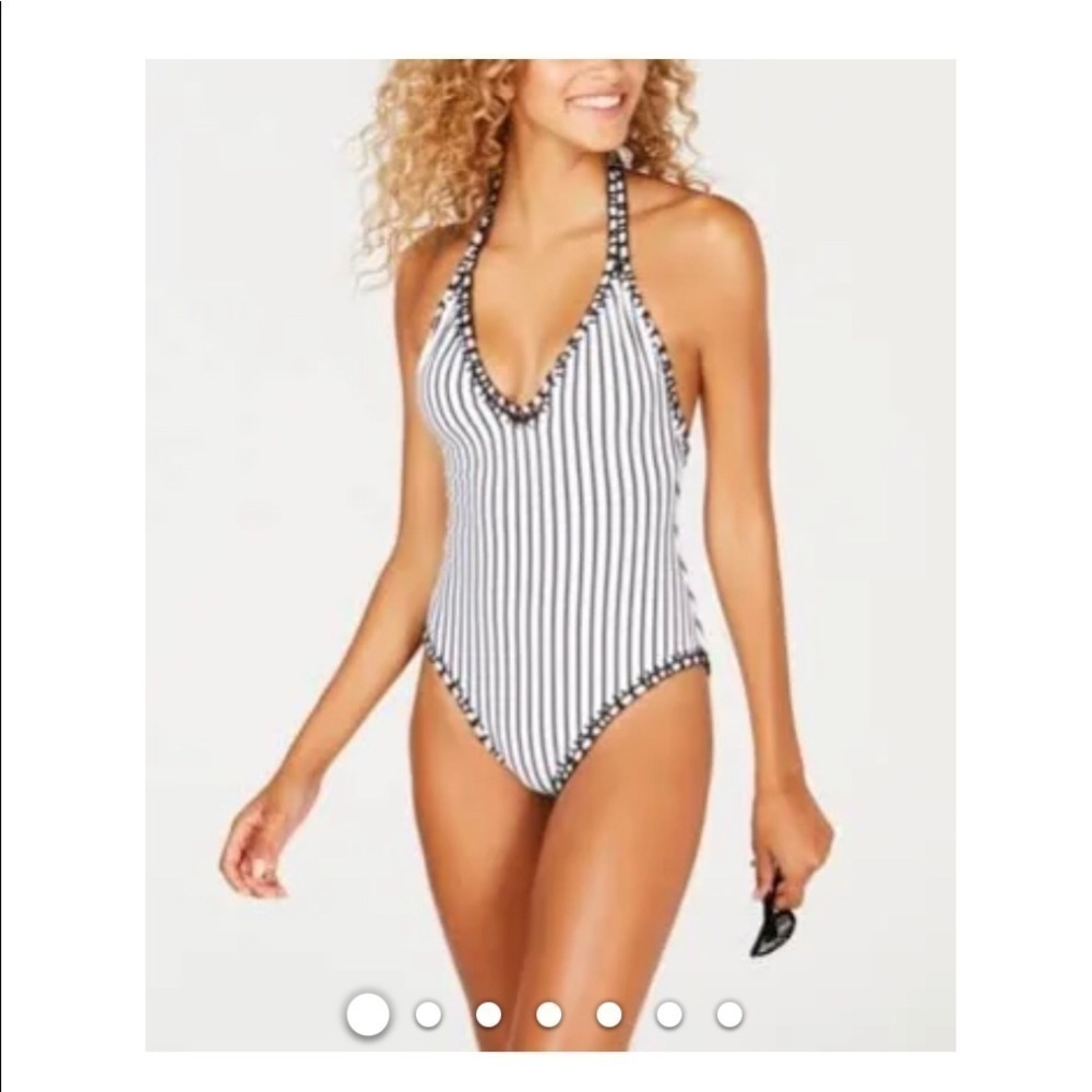 Bar lll one piece swimsuit black and white pin striped halter plunge neck